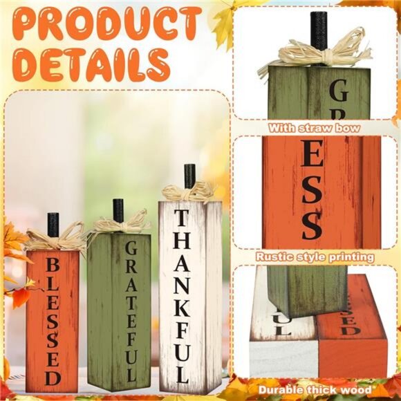 Thankful Blessed Grateful Tabletop Signs Thanksgiving Wooden Block Signs - Picture 4 of 8